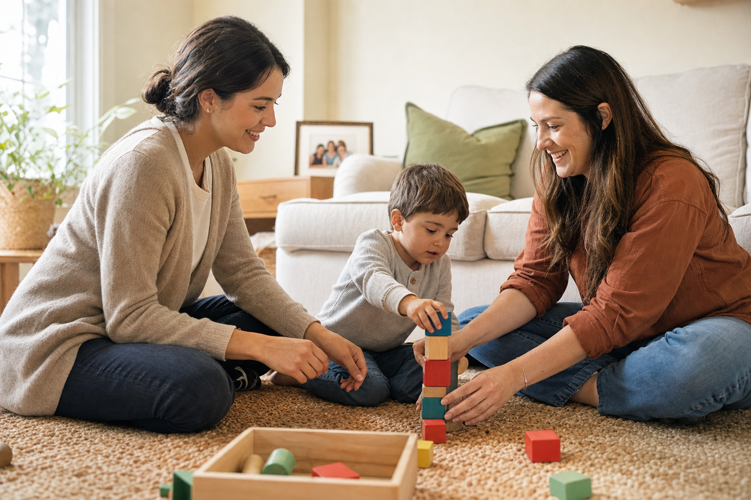 A therapist and parent coaching a young child during a family training session at home